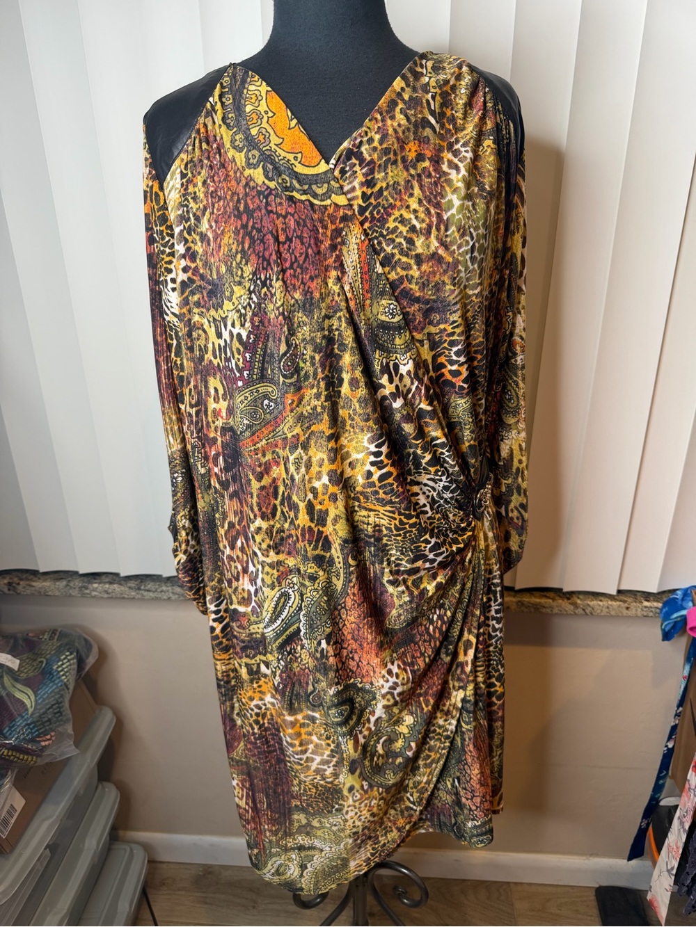 Mlle Gabrielle wrap dress faux Leather shoulder  multi paisley leopard SZ 3X